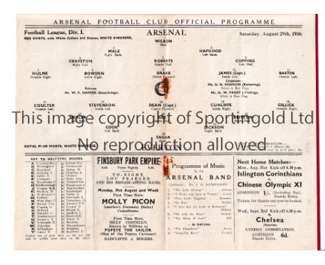 ARSENAL     Programme for the home League match v Everton 29/8/1936, slight vertical crease and staples rusted away.    Gener