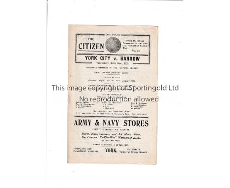 YORK CITY V BARROW 1929        Home programme for York's first Football League season who beat Barrow 3-1 on 26/12/29.    Goo