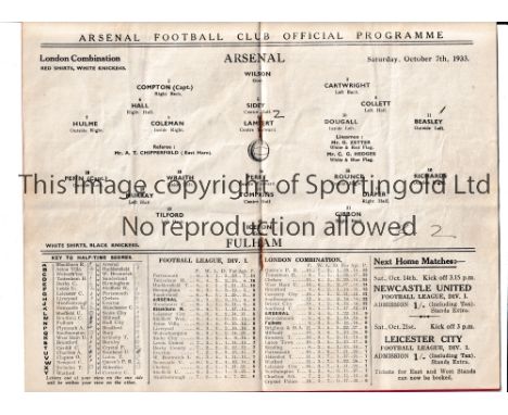 ARSENAL       Programme for the home London Combination match v Fulham 7/10/1932, slightly creased and scores entered.    Gen