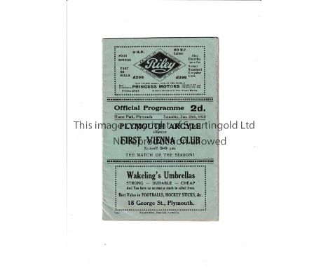 PLYMPOUTH ARGYLE v FIRST VIENNA CLUB 1933    Programme for the Friendly at Plymouth 28/1/1933    Generally good