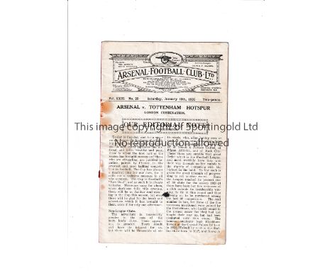 ARSENAL V TOTTENHAM HOTSPUR      Programme for the London Combination match at Arsenal 12/1/1935, slightly creased, very slig