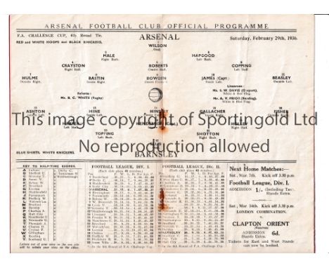 ARSENAL       Programme for the home FA Cup tie v Barnsley 29/21936 in Arsenal's successful year, very slightly creased and r
