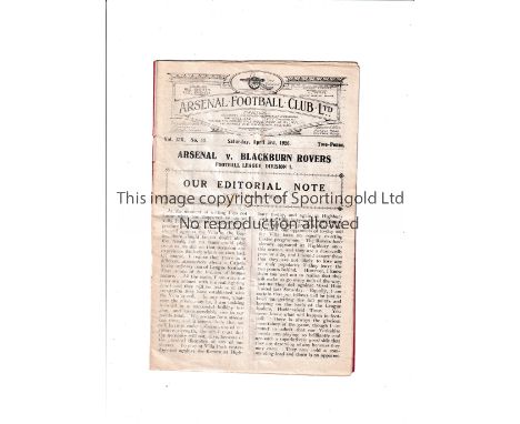 ARSENAL     Programme for the home League match v Blackburn Rovers 3/4/1926, slightly creased and team changes.    Generally 
