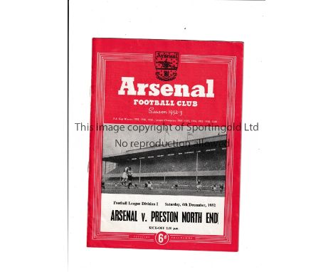 ARSENAL  V PRESTON NORTH END 1952 POSTPONED     Programme for the League match at Highbury scheduled for 6/12/1952.     Good