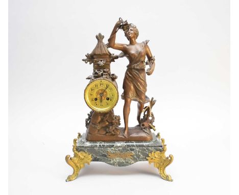 Two French gilt metal and marble figural mantel clocks, the first 'Les Roses par Claudius', surmounted by a maiden holding fl
