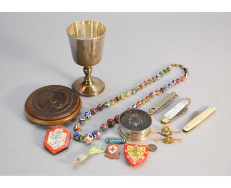 A silver and tortoiseshell circular dressing table box, Collett &amp; Anderson, London 1919, together with a silver goblet, a