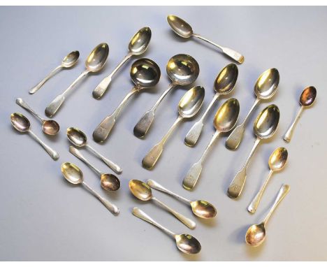 A set of seven Exeter silver Fiddle pattern dessert spoons, Josiah Williams &amp; Co, 1863 &amp; 1865, together with a set of