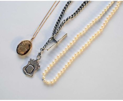 A uniform cultured pearl necklace with 9ct gold clasp, together with a 9ct gold oval locket suspended from chain, weight appr