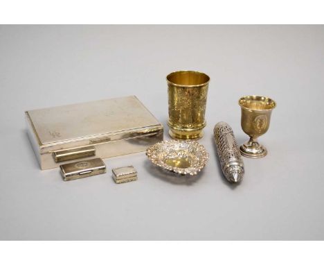 An Austro-Hungarian silver gilt beaker, with engraved coat of arms, together with a silver vinaigrette, a white metal vesta b