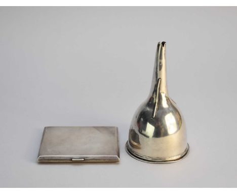 An Irish silver wine funnel, James Le Bas, Dublin 1817, 14cm high, together with a silver engine turned cigarette case, S J R