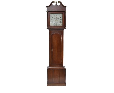 A George III oak painted dial 30 hour longcase clock by Bickerton of Ellesmere, the hood with swan neck pediment and turned c