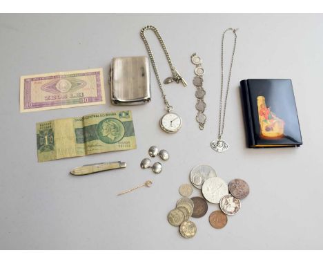 A silver cigarette case, together with a pair of silver cufflinks, a split seed pearl set crescent pin, a silver folding knif