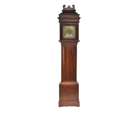 A George III brass-dial oak 30hr longcase clock, Edward Bilbie of Chewstoke, the hood with scroll cresting above an ogee top 