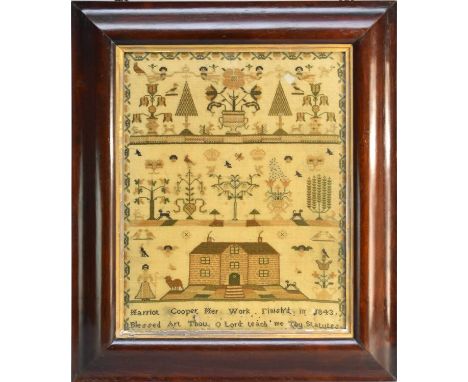 A 19th century framed sampler, Harriot Cooper, 1843, with two bands of trees, flowering plants and mixed fauna, above a count