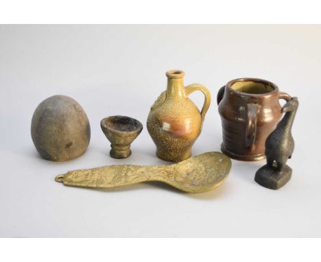 An assembled collection of pottery and works of art including: a Bellarmine style stoneware flask, 14.5cm high, a salt glazed