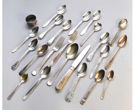 A set of five silver Fiddle and Shell pattern teaspoons, London 1839, together with two silver spoons, five pieces of German 