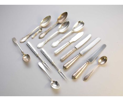 Four Austrian silver tablespoons, together with two Austrian silver handled forks and two silver handled knives, three salt s