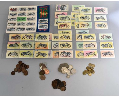 A collection of pre-1947 silver British coinage, together with cupro-nickel and bronze coinage, cigarette cards etc