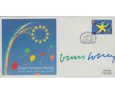 David Hockney, artist. A signed (in green and blue ink) 1992 Single European Market FDC. The stamp was designed by Hockney, c