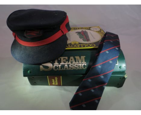 A British Rail clip on tie and cap; a selection of Stem Classic magazines (1990), and a selection of Modern Railway magazines