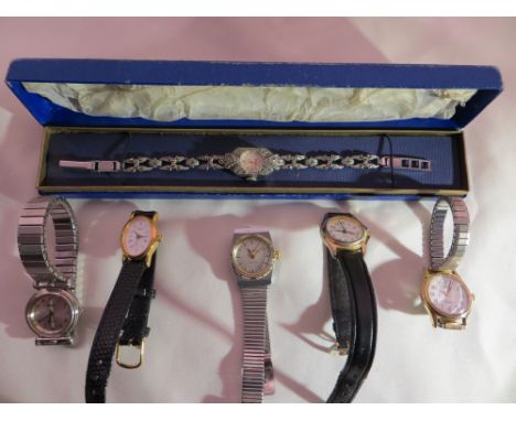 A ladies marcasite Kered manual watch (working, boxed), and 5x other ladies quartz watches.