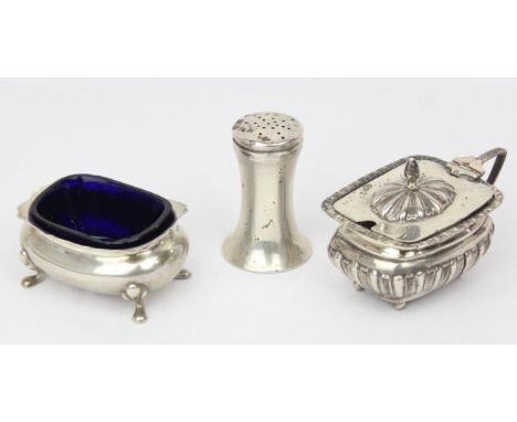 [110.52g] - a harlequin set of silver cruet items, mustard, salt and pepper pot, all different makers and designs, all bearin