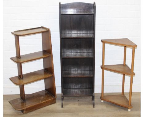 Three sets of shelves to include inglenook bookcase, retro corner what not stand and vintage open shelves, the inglenook 38cm