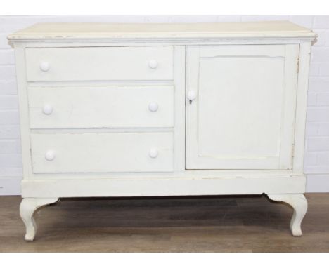 A vintage painted pine sideboard with three drawers and single cupboard, ceramic handles, 120cm x 48cm x 85cm