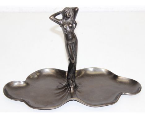 An Art Nouveau style bronzed twin bon-bon dish with lady figurine to centre, 32cm W x 21cm H