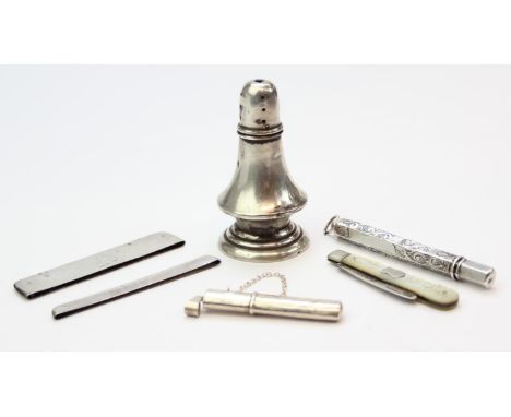 Five assorted silver items, a silver pepper pot, silver comb case, two silver pencil cases and a silver and mother of pearl f