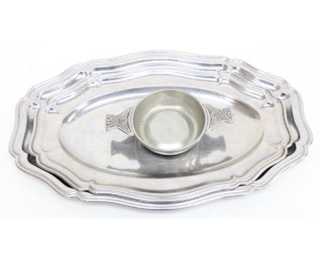 Two French silver plated serving trays by Guy Degrenne &amp; a Scottish pewter quaich, the largest tray 46cm wide [3 items]