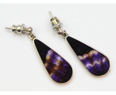 A pair of silver mounted and Blue John earrings, marked silver and XRF confirmed, 30mm drops