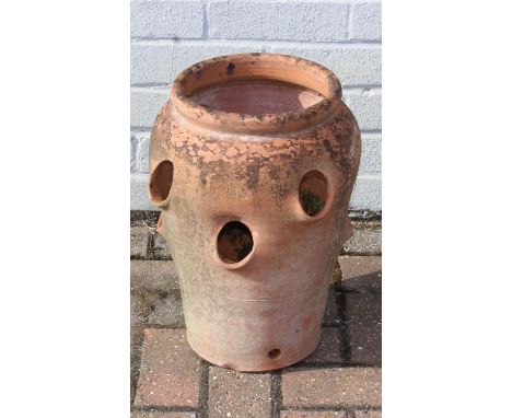 A vintage weathered terracotta garden strawberry planter, 42cm tall, one of four available in the sale