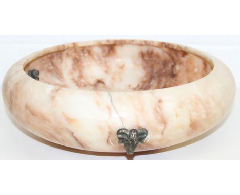 A large Art Deco period Alabaster hanging lamp shade, the piece with two of three remaining cast brass goat head brackets for