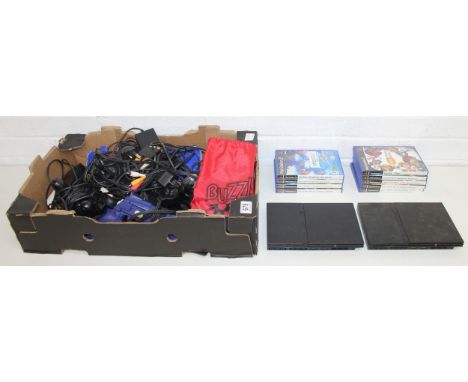 Qty of Sony Play Station 2 items to incl games consoles (slim), games, control pads, Buzz buzzer controllers, etc