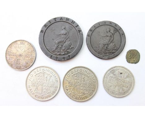 Qty of assorted interesting silver and other coins to inc an 1887 florin, 1935 florin, 1945 half crown, 1947 half crown, a 17