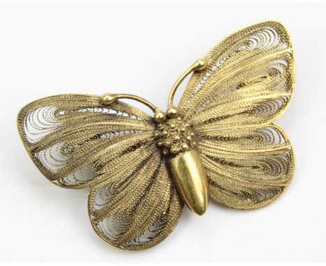 [8.76g] - a vintage gold filigree brooch formed as a butterfly, seemingly unmarked but XRF testing around 16ct gold, possibly