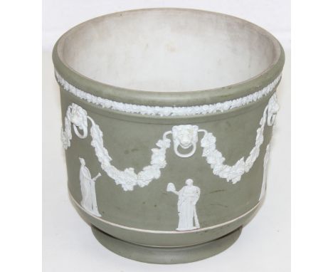 Vintage Wedgwood Jasperware planter in olive green, 20cm diam x 19cm H
