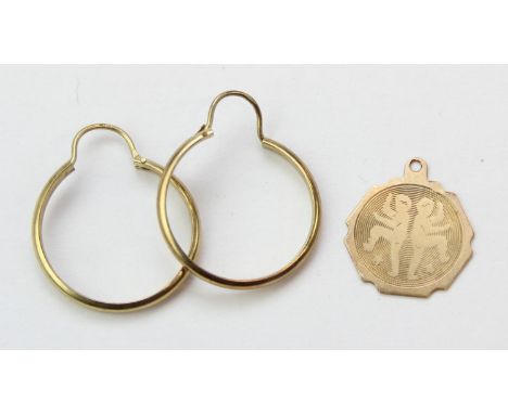 [1.57g] - a pair of 9ct gold hoop earrings and a retro 9ct gold pendant, both marked and XRF confirmed, the pendant 18mm tall