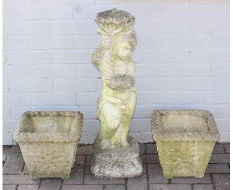 2 square concrete garden pots and a garden pot or bird bath stand formed as a classical boy, the stand 80cm [3]
