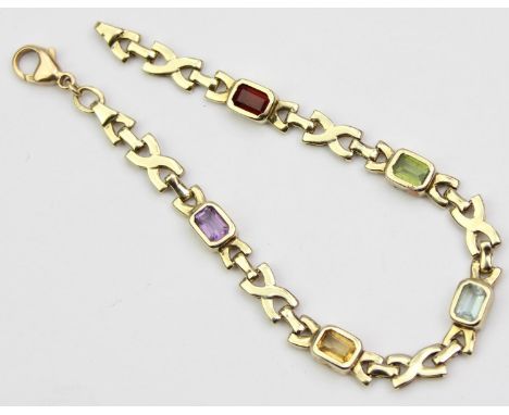 [9.35g] - a vintage 9ct gold and multi coloured stone bracelet, stylised Byzantine style links, import mark for London 1993 a
