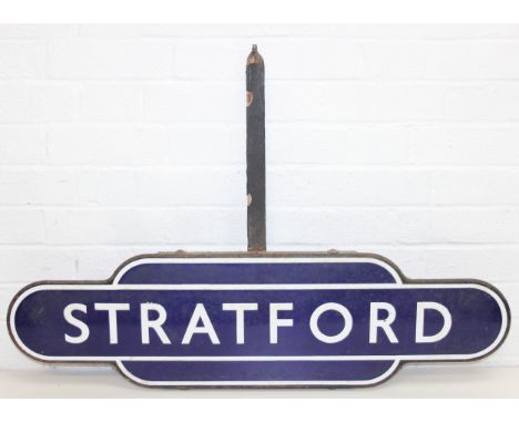 A rare original British Railways Eastern Region Stratford station enamel totem sign with original bracket, original sign from