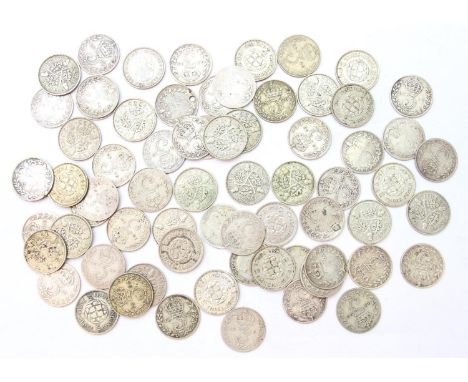[95.09g] - sixty nine assorted silver threepence or 3d coins, 32 full silver and 37 half silver, Queen Victoria and later [69