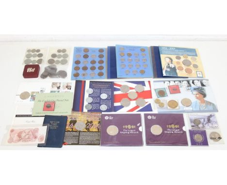 Qty of assorted coins and coin sets to inc two Whitman albums, various uncirculated coin sets, antique copper coins, five £5 