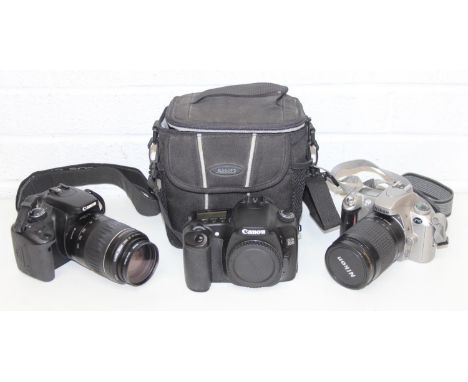 Qty of assorted digital and 35mm cameras to inc Canon 30D, Canon 400D and Nikon F55, with some lenses and other accessories