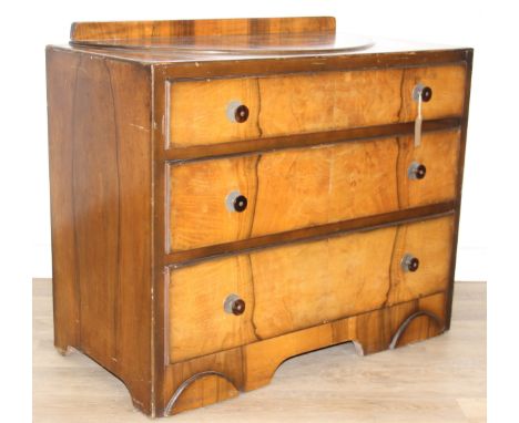 An Art Deco period walnut effect three drawer chest of drawers, 87cm x 44cm x 76cm