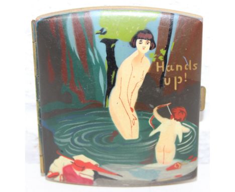 An unusual Art Deco period enamel painted and gilt metal cigarette case depicting an erotic or risque scene entitled, 'Hands 