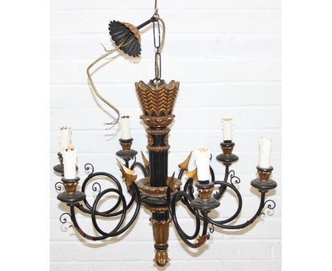 An Italian gilt and black painted wooden and wrought metal six branch chandelier or electrolier, 67cm in diameter x 96cm drop