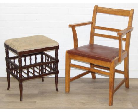 An early or mid 20th century oak chair bearing military mark to underside and an antique mahogany piano stool, the chair 58cm