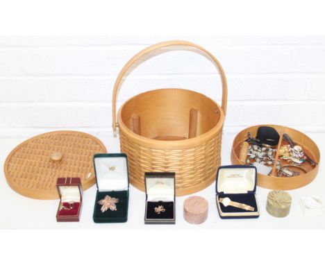 A basket of assorted vintage costume jewellery to inc some silver, noted items to include a retro silver Gemini pendant, a bo